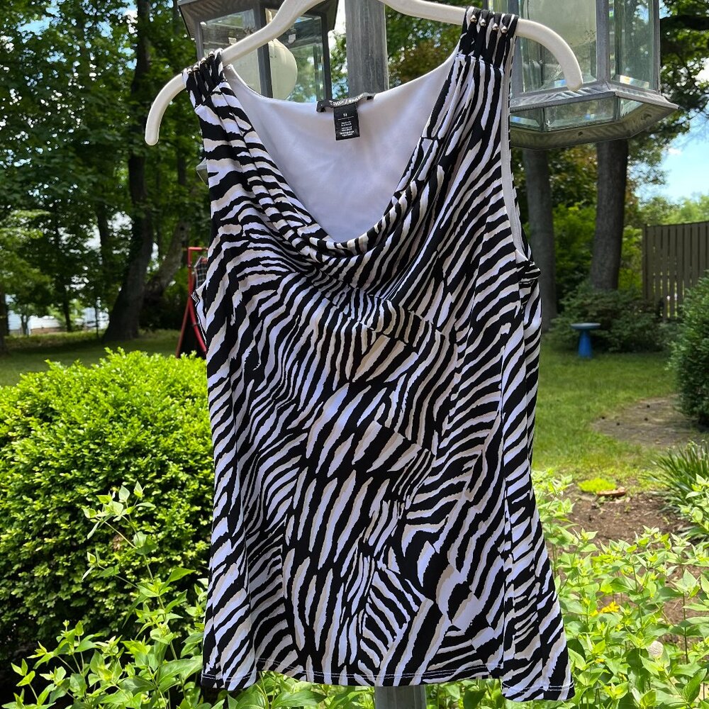 White House Black Market Black and White Zebra Print Cowl Neck Tank